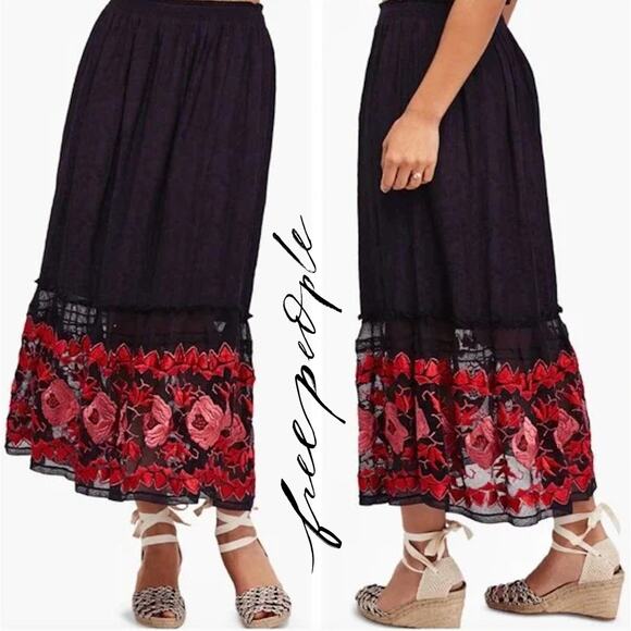 FREE PEOPLE NWT Black & Red Floral Lace Embroidered Maxi Skirt - Small - Picture 1 of 10